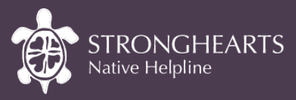 Strong Hearts Native Helpline in white writing with a white title outline to the left on a purple background